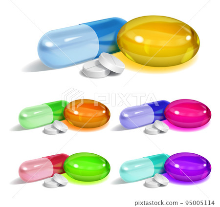Set of oblong and elliptical multicolored capsules and white round pills 95005114