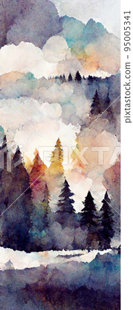 Forest silhouette background. Watercolor painting of a spruce forest Forest silhouette background. Watercolor painting of a spruce forest 95005341