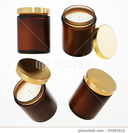 Different views of aromatic candle in glass jar with cotton wick and yellow gold lid 3D render, branding and design ready commercial realistic wax container candle mock-up 95005828