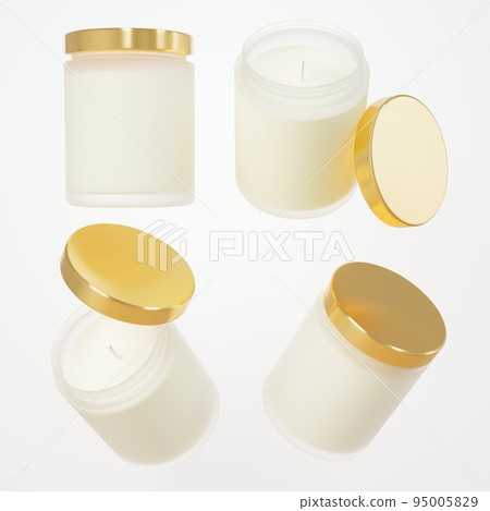 Different views of aromatic candle in frosted glass jar with cotton wick and yellow gold lid 3D render, branding and design ready commercial realistic wax container candle mock-up Different views of aromatic candle in frosted glass jar with cotton wick and yellow gold lid 3D render, branding and design ready commercial realistic wax container candle mock-up 95005829