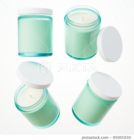 Different views of aromatic candle in turquoise glass jar with cotton wick and yellow gold lid 3D render, branding and design ready commercial realistic wax container candle mock-up Different views of aromatic candle in turquoise glass jar with cotton wick and yellow gold lid 3D render, branding and design ready commercial realistic wax container candle mock-up 95005830
