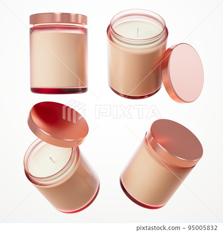 Different views of aromatic candle in glass jar with cotton wick and rose gold lid 3D render, branding and design ready commercial realistic wax container candle mock-up Different views of aromatic candle in glass jar with cotton wick and rose gold lid 3D render, branding and design ready commercial realistic wax container candle mock-up 95005832