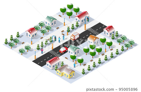 Perspective snowy Christmas winter view 3D illustration 95005896
