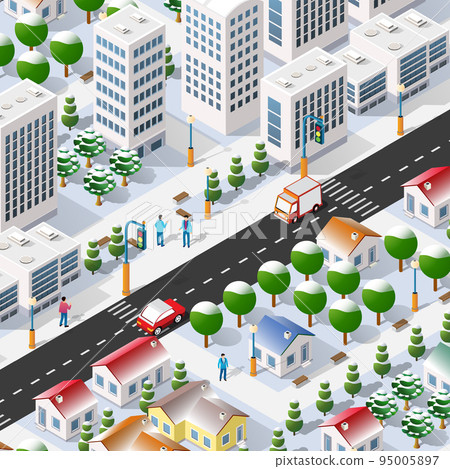 Perspective snowy Christmas winter view 3D illustration Perspective snowy Christmas winter view 3D illustration 95005897
