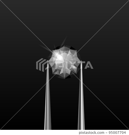 Vector 3d Realistic Transparent Black Gemstone, Diamond, Crystal, Rhinestone with Jewelry Tongs Closeup on Black Background. Jewerly Concept. Design Template, Clipart 95007704