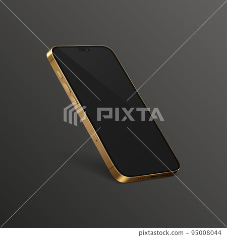 Vector 3d Realistic Yellow Golden Modern Smartphone Design Template with Black Screen. Mobile Phone Isolated. Telephone Device UI UX, Phone in Half Turn View Vector 3d Realistic Yellow Golden Modern Smartphone Design Template with Black Screen. Mobile Phone Isolated. Telephone Device UI UX, Phone in Half Turn View 95008044