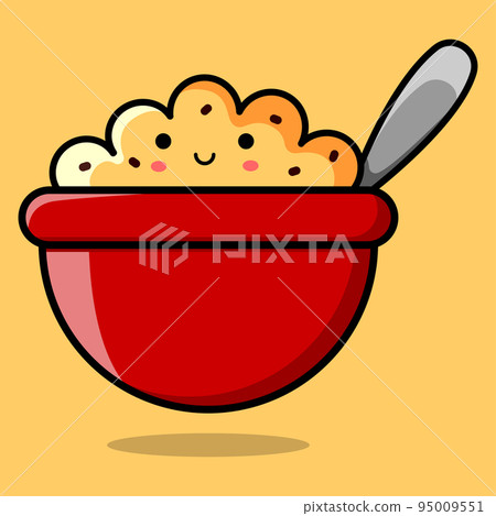 Image of a smiling kawaii porridge with raisins in a red bowl. Vector illustration Image of a smiling kawaii porridge with raisins in a red bowl. Vector illustration 95009551