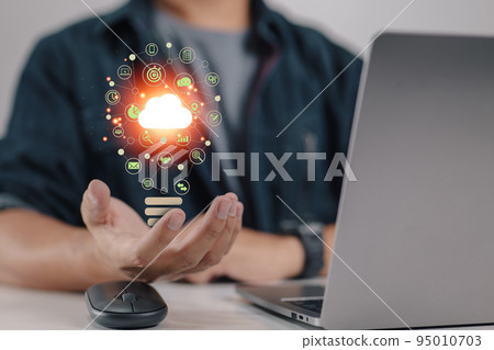 An icon for an app with a distinctive lightbulb. both social networking and commercial software. online marketing using digital channels and social media for businesses with cloud. An icon for an app with a distinctive lightbulb. both social networking and commercial software. online marketing using digital channels and social media for businesses with cloud. 95010703