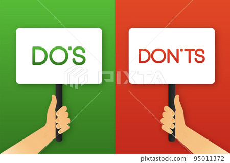 Human hand holding plate. Red and green banner with the words dos and donts. Choice by voting. Vector illustration. Human hand holding plate. Red and green banner with the words dos and donts. Choice by voting. Vector illustration. 95011372