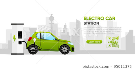 Electric car on Charging Station. Scan QR code. Battery EV vehicle plugged and getting electricity. Vector illustration. Electric car on Charging Station. Scan QR code. Battery EV vehicle plugged and getting electricity. Vector illustration. 95011375