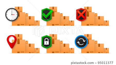 Delivery service steps. Delivery boxes. Express delivery. Shipment of goods, tracking, security, return, approved and rejected parcel. Vector illustration. Delivery service steps. Delivery boxes. Express delivery. Shipment of goods, tracking, security, return, approved and rejected parcel. Vector illustration. 95011377