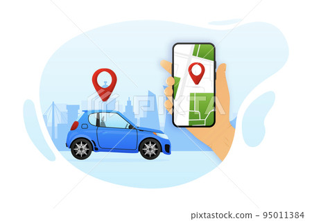 Autonomous online Car Sharing service controlled via smartphone app. Phone app with location mark and smart car. Vector illustration. Autonomous online Car Sharing service controlled via smartphone app. Phone app with location mark and smart car. Vector illustration. 95011384
