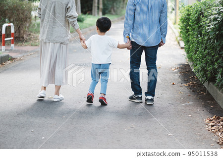 走在公園人行道上的父母和孩子 走在公園人行道上的父母和孩子 95011538