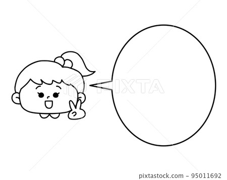 Girl making a piece with a smile, speech bubble, character space / line drawing, monochrome 95011692