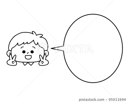 A boy who makes a piece with a smile, speech bubble, character space / line drawing, monochrome 95011694