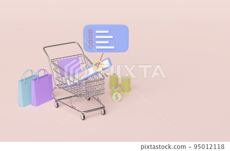 shopping cart searching with shopping paper bags, graphic elements,mobile smart phone,dollar coins isolated on pink background ,3d illustration or 3d render 95012118