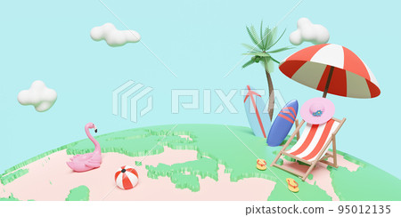 summer travel around the world concept with beach chair,ball,umbrella,inflatable flamingo,coconut tree,hat,surfboard ,3d illustration or 3d render 95012135