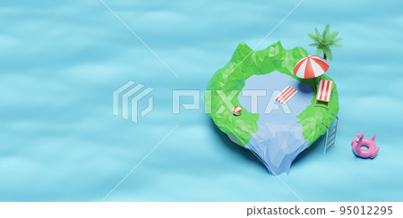 Summer sale banner with floating island,Inflatable flamingo, beach chair,ball,umbrella,coconut tree isolated on blue background. concept 3d illustration or 3d render 95012295