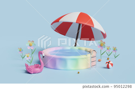 Inflatable Pool with swim ring flamingo,umbrella,beach ball isolated on blue background. Summer decorate concept ,3d illustration or 3d render Inflatable Pool with swim ring flamingo,umbrella,beach ball isolated on blue background. Summer decorate concept ,3d illustration or 3d render 95012298