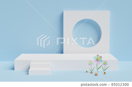 white stage podium empty with flower in blue pastel composition. Summer decorate concept ,abstract showcase background ,3d illustration or 3d render white stage podium empty with flower in blue pastel composition. Summer decorate concept ,abstract showcase background ,3d illustration or 3d render 95012300