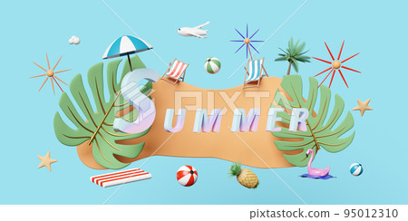 Summer sale banner with monstera leaf ,Inflatable flamingo, beach chair,ball,umbrella,coconut tree, pineapple,starfish isolated on blue background. concept 3d illustration or 3d render Summer sale banner with monstera leaf ,Inflatable flamingo, beach chair,ball,umbrella,coconut tree, pineapple,starfish isolated on blue background. concept 3d illustration or 3d render 95012310