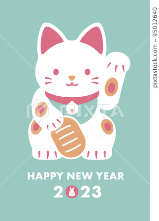 2023 New Year's card of the year of the rabbit with a simple and bold design of a beckoning cat_retro_vertical type 2023 New Year's card of the year of the rabbit with a simple and bold design of a beckoning cat_retro_vertical type 95012640