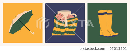 An open umbrella, rubber boots, hands holding a mug of hot drink. Set of autumn design elements. Vector flat isolated illustrations. An open umbrella, rubber boots, hands holding a mug of hot drink. Set of autumn design elements. Vector flat isolated illustrations. 95013301