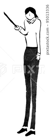 Full-body female office worker holding a stick (ink hand-drawn illustration) 95013336