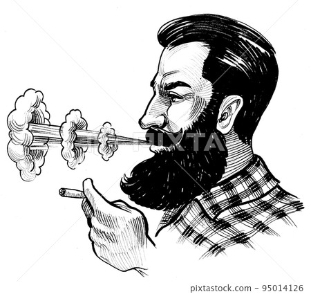 Bearded man smoking marijuana joint. Ink black and white drawing 95014126