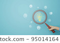 Creative idea concept, magnifying glass and light bulb icon on blue background. 95014164