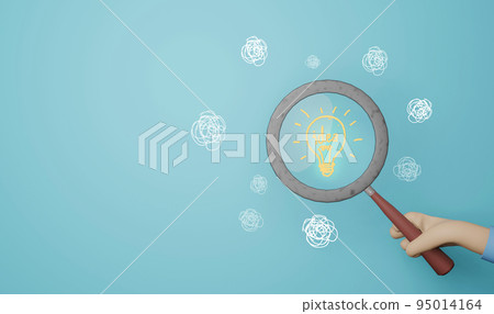 Creative idea concept, magnifying glass and light bulb icon on blue background. 95014164