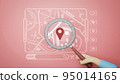 3D illustation. City street map and magnifying glass over it on red background. Travel concept 95014165