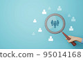 Magnifying glass looking for people icon, employee search symbol concept. Staff selection concept 95014168