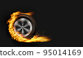 Auto tire in fire burning wheel on background. 95014169