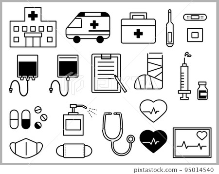 Illustration icon set (black and white) such as hospital, medical equipment, medicine Illustration icon set (black and white) such as hospital, medical equipment, medicine 95014540