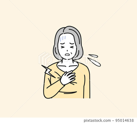 Middle-aged woman with chest pain, chest pain, myocardial infarction, heart attack, heart disease, angina, disease, symptoms, illustration 95014638