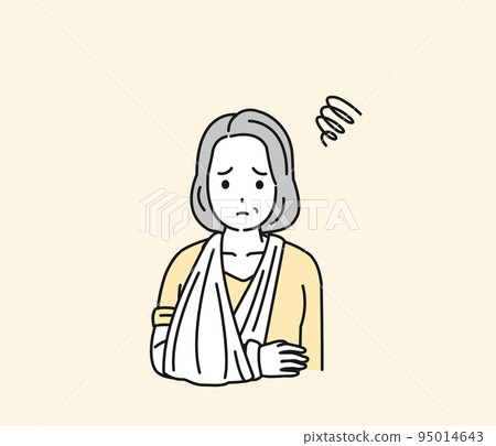 A middle-aged woman with a broken arm, an injury, a cast, illustration 95014643