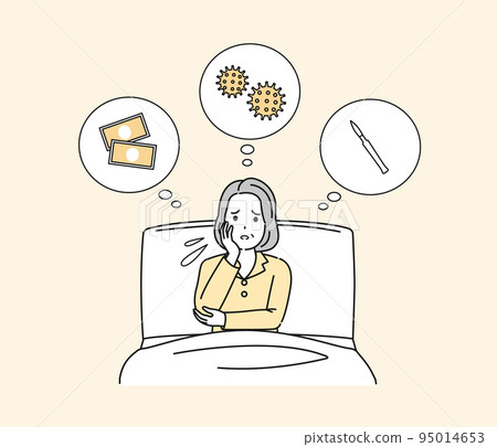 Anxious middle-aged woman during hospitalization Surgery No visitors medical expenses middle hospital patient illness illustration 95014653