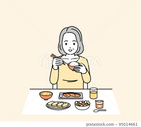 Dietary habits Eating breakfast Middle-aged woman Middle-aged healthy meal Self-cooking illustration 95014661