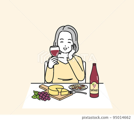中年婦女喝酒中餐喝晚酒插畫 中年婦女喝酒中餐喝晚酒插畫 95014662