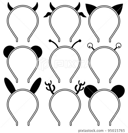 Set of headbands, headdresses, hearbands with ears and horns animals and other characters. Set of icons horns devil, cow, deer, bee. Ears of cat, mouse, bear, hare, rabbit. Vector silhouettes. Set of headbands, headdresses, hearbands with ears and horns animals and other characters. Set of icons horns devil, cow, deer, bee. Ears of cat, mouse, bear, hare, rabbit. Vector silhouettes. 95015765