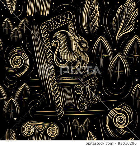 Seamless pattern with gargoyles. Halloween mood pattern. Black background with gold pattern. Gothic style 95016296