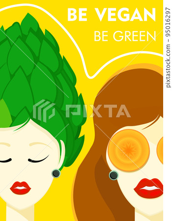 Modern trendy banner on the theme of vegetarianism. World Vegan Day. HEALTHY FOOD. Woman with artichoke 95016297