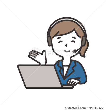 一個穿著西裝的女人，戴著耳機，指著她的電腦 95016327