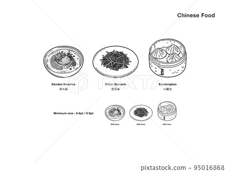 中餐插圖（擔擔面、空心菜、小籠包/線描、單色） 95016868