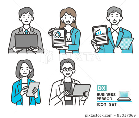 Vector illustration material of male and female business people holding tablets and personal computers with DX promotion / architecture / IT / logistics 95017069