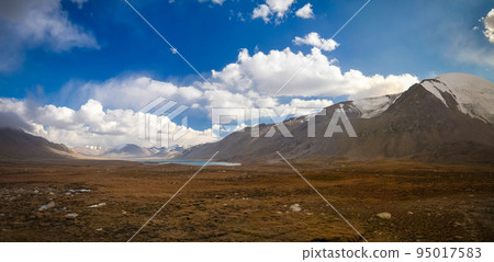 Panoramic view to lakes at Barskoon pass, river and gorge and Sarymoynak pass, Jeti-Oguz, Kyrgyzstan 95017583