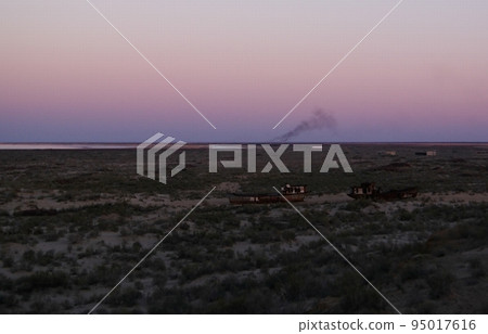 Panorama of ship cemetery at sunset near Moynaq, Karakalpakstan, Uzbekistan Panorama of ship cemetery at sunset near Moynaq, Karakalpakstan, Uzbekistan 95017616