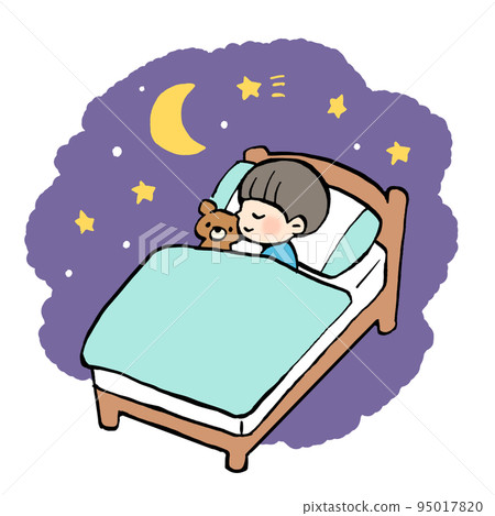 一個孩子晚上睡在床上的插圖 一個孩子晚上睡在床上的插圖 95017820