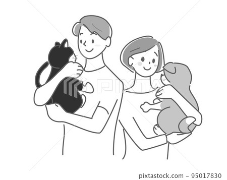 拿著貓和狗的男人和女人 拿著貓和狗的男人和女人 95017830